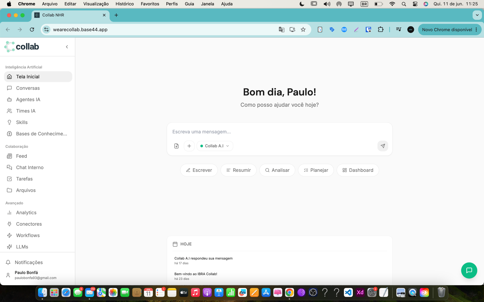 Interface do Agio Workspace mostrando módulos, chat e tarefas